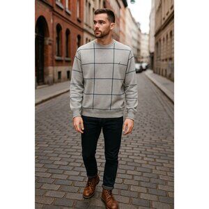 Nautica Mens Windowpane Check Crewneck M Grey Sweatshirt Minimalist Preppy